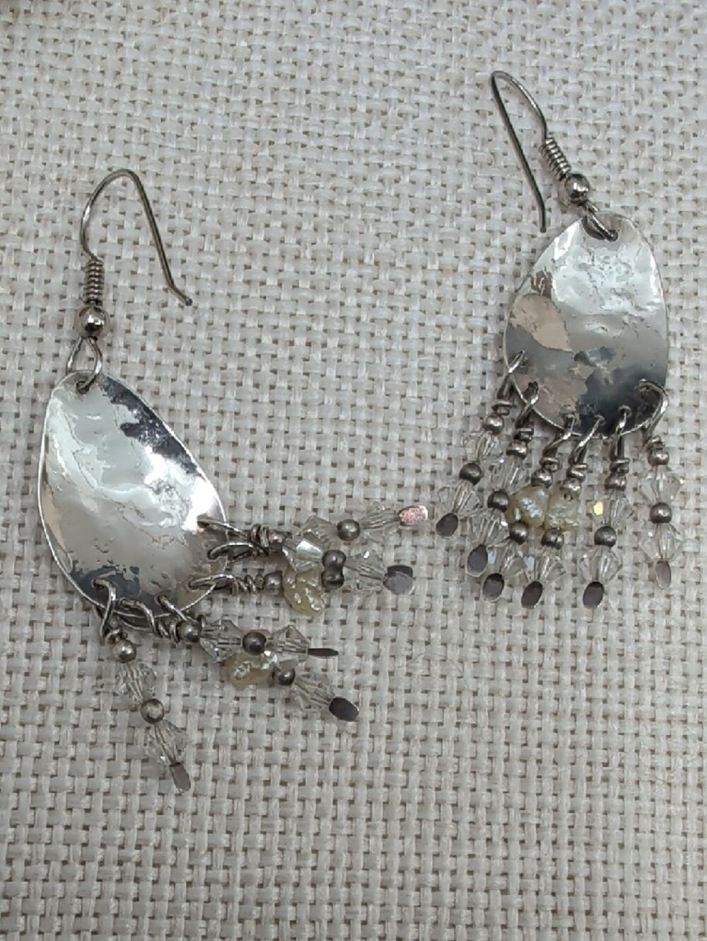 Vintage Artisan Hammered Silver Chandelier Earrings Crystal Bead Fringe 2.5" - Picture 15 of 17